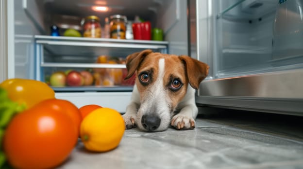 A dog is sitting in front of a refrigerator with vegetables