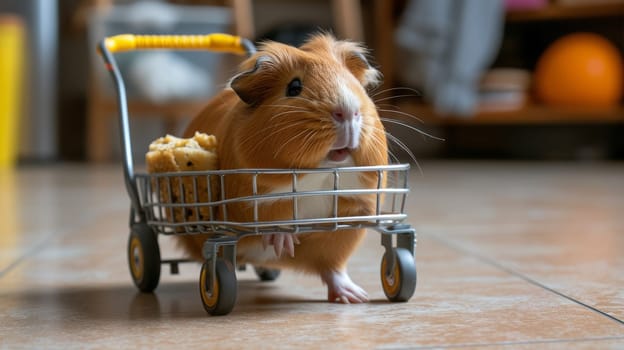 A guinea pig in a shopping cart with food inside