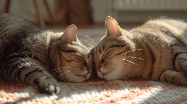 Two cats laying together on a rug with their heads touching