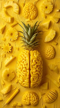 A pineapple with a brain made of pineapples and other food