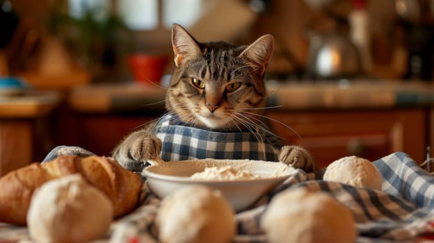 A cat sitting in a chair with bread and croissants on the table