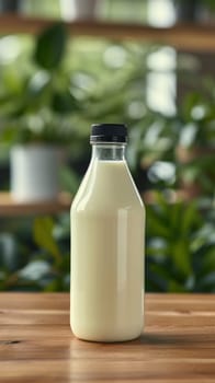 A bottle of milk sitting on a wooden table in front of plants