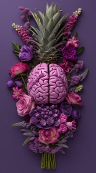 A pineapple and brain made of flowers on a purple background