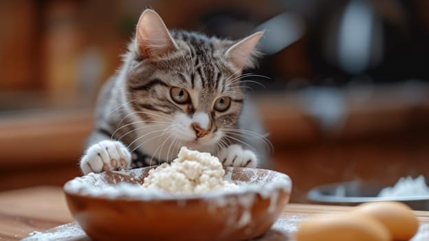 A cat eating from a bowl of food in the kitchen