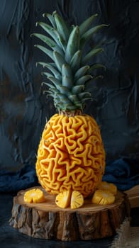 A pineapple with a brain shape cut out of it on top