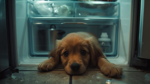 A dog laying on the floor in front of a refrigerator