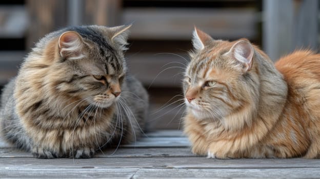 Two cats sitting on a wooden table looking at each other