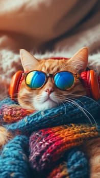 A cat wearing sunglasses and headphones wrapped in a scarf