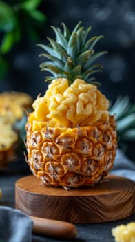 A pineapple on a wooden cutting board with some of the fruit cut off