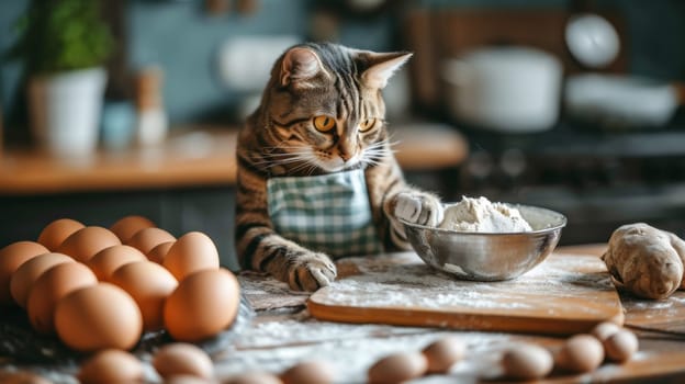 A cat in apron mixing ingredients with bowl and spoon