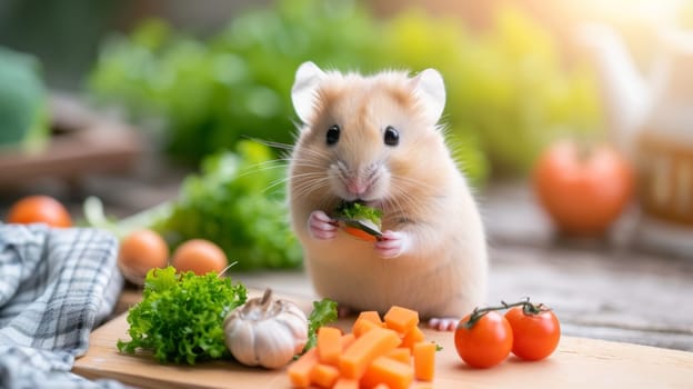 A hamster eating vegetables on a cutting board with tomatoes and carrots