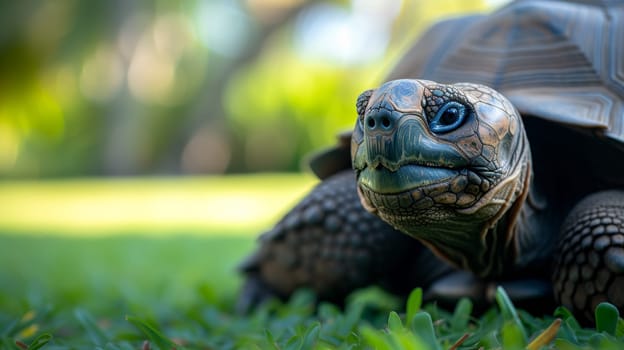 A close up of a turtle with its eyes open on the grass