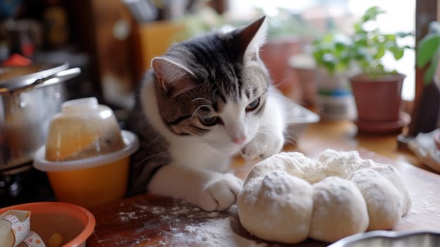 A cat sitting on a table with dough in front of it