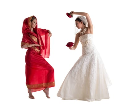 Concept. Traditional fiancee vs modern bride, isolated on white