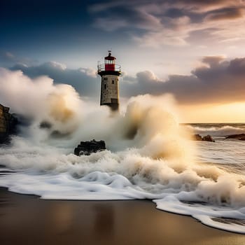 Guiding Light in Motion: Long Exposure Unveils Sea Wave Foam at the Beach with Lighthouse