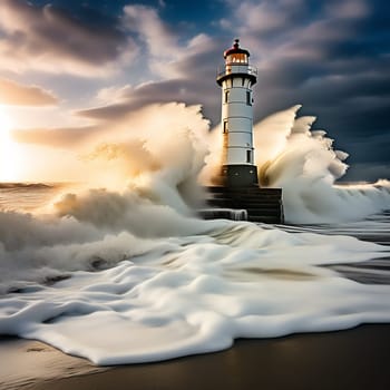 Coastal Elegance: Long Exposure Embraces Sea Wave Foam and Beach Lighthouse