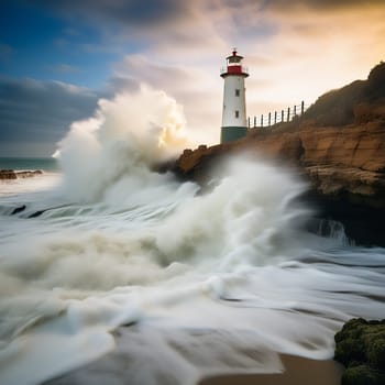 Coastal Elegance: Long Exposure Embraces Sea Wave Foam and Beach Lighthouse