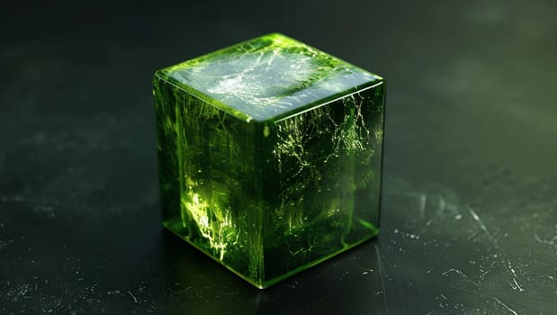 Emerald stone in the shape of a cube on a textured surface. 3D render of a faceted crystal. High quality 3d illustration