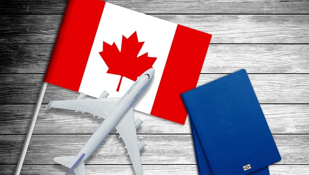 Illustration of a passenger plane flying over the flag of Canada. Concept of tourism and travel. High quality photo