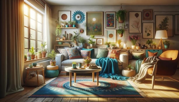 Sunlit Bohemian Oasis: A Cozy Living Room Bathed in Warm Sunlight, Boho Style. High quality photo