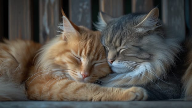 Two cats are sleeping together on a wooden bench