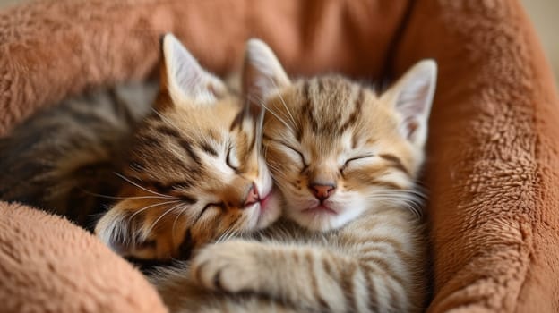 Two kittens are sleeping together in a small bed