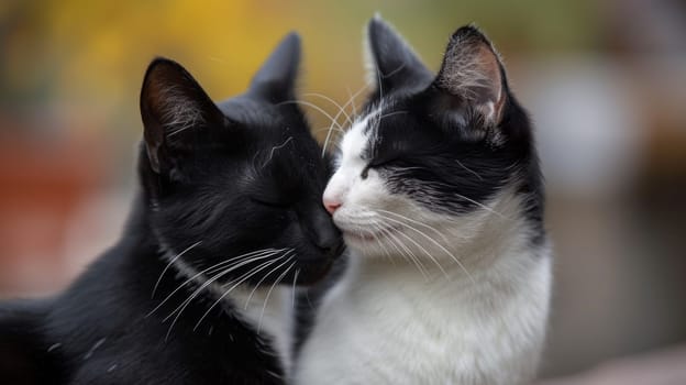 Two black and white cats are touching noses in a close up