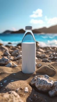 A bottle of milk on a beach with the ocean in background