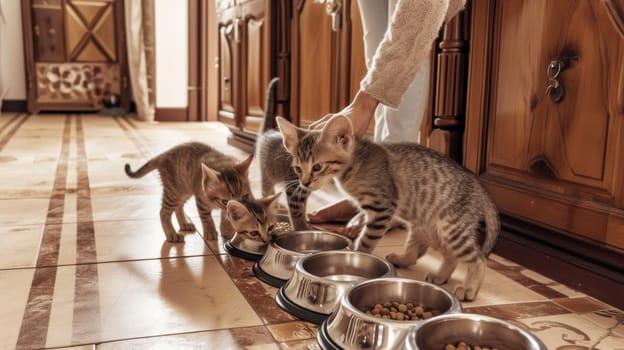 A group of three kittens eating from a bowl on the floor