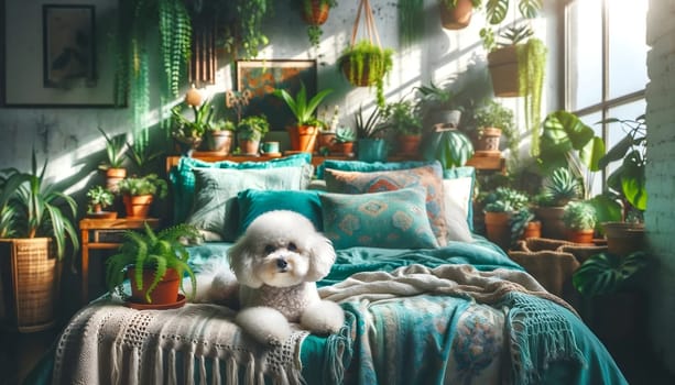Bichon Frise Relaxing in a Bohemian Inspired Bedroom Filled with Lush Plants. High quality photo