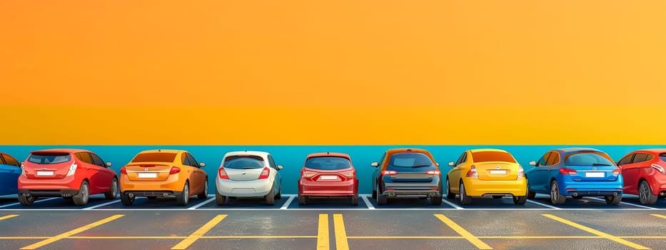 Colorful Cars Parked in a Row Against a Two-Tone Background, copy space