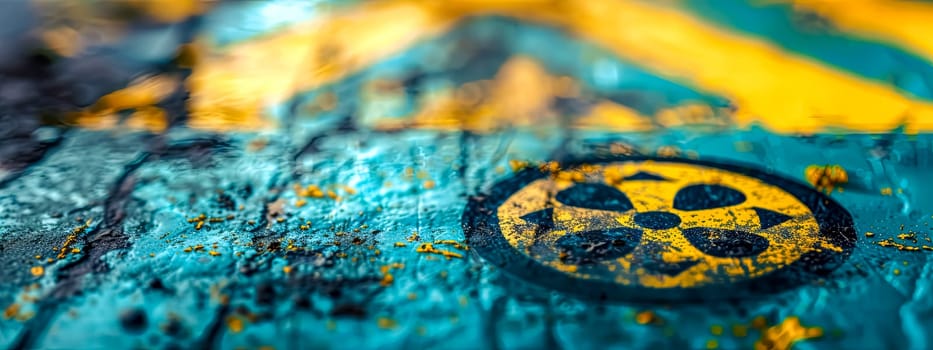 Hazard Symbol on Vibrant Blue and Yellow Textured Surface, copy space