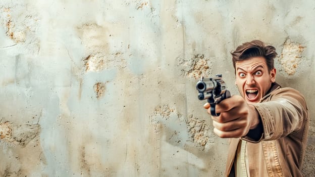 Angry Man Pointing Gun with Grunge Wall Background, copy space
