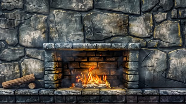 Cozy Stone Fireplace with Crackling Fire.