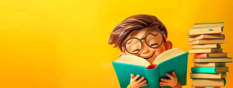 Happy Child Enjoying Reading a Book with Pile of Books on Side, copy space