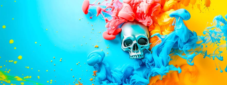 Vibrant Skull with Colorful Ink Splashes on Blue and Yellow Background, copy space