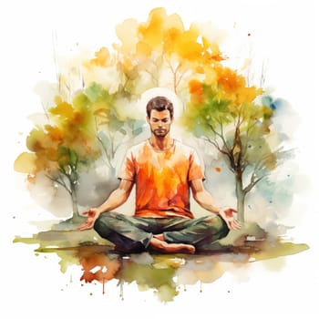 Young man meditating with closed eyes, legs crossed, seated on grass in a park. Summer vibes captured in a watercolor illustration on a white background, radiating tranquility and mindfulness.