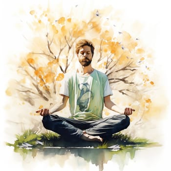 Adult man meditates outdoors, eyes closed, sitting cross-legged on grass. Serene scene captured in watercolor, blending nature and mindfulness. Ideal for conveying peace and relaxation.