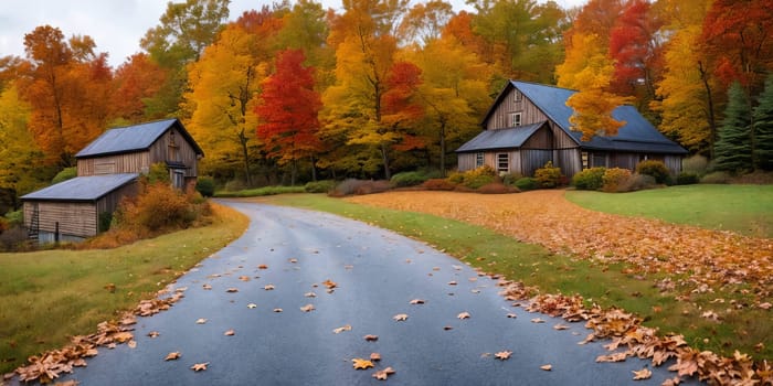 An inviting autumn scene, a cozy house, a winding road, and a majestic trees. Generative AI.