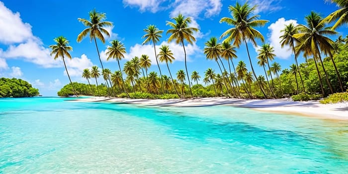 A tranquil sea stretches alongside a long white beach, where a gracefully curved palm tree sways in the breeze.