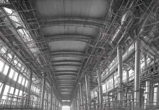 Industrial Symmetry. Industrial structures, machinery, architecture with symmetry and repetitive patterns, showcasing the beauty of industrial design. Generative AI.