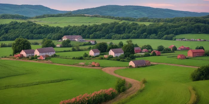 Rural charm of countryside settings, including farm fields, barns, and rustic landscapes. Generative AI