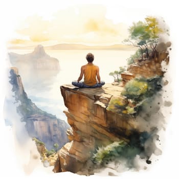 Young man meditates on the edge of a cliff, legs crossed, overlooking the sea and mountains. Watercolor illustration on a white background, capturing the tranquility of nature and mindfulness.