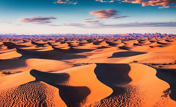 A vast desert expanse with rolling dunes under a cloudy, sunny sky. Generative AI