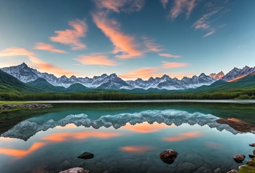 A breathtaking mountain valley with a tranquil lake, surrounded by lush forest. Generative AI