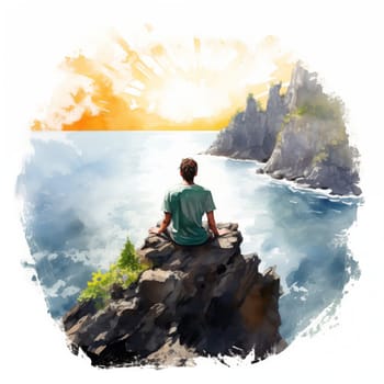 Young man meditates on cliff's edge, legs crossed, with a serene view of blue sea and rocks. Watercolor illustration on white background, capturing the peaceful harmony of meditation in nature.