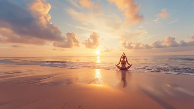 A tranquil yoga session on a beach at sunrise, calm sea in the background. Resplendent.