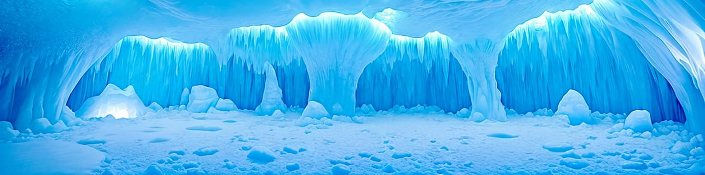 Ethereal ice cave illuminated by the soft glow of bioluminescent crystals, casting an eerie blue light. Generative AI