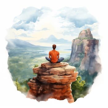 Man meditates on cliff's edge, legs crossed, overlooking clouds, forests, and rocks. Watercolor illustration on white background, capturing the serenity of meditation amidst nature's grandeur.