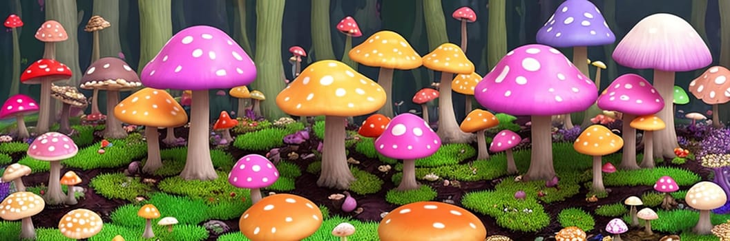 Immerse in a whimsical vibrant mushroom forest Oversized fungi of varied hues paint a surreal, otherworldly scene